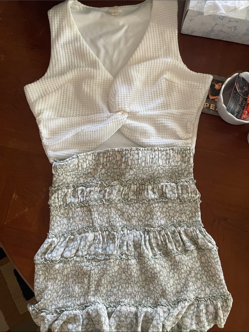 White Twist-Front Crop Top with Light Green Smocked Ruffle Skirt